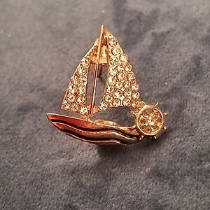 Gold Tone Sailboat Brooch with Crystals